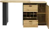 A modern bar table with storage, including drawers, a wine rack, and open shelving, shown against a white background. Produktbild-Vorschau