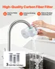 A person is installing a water filter attachment onto a faucet, with water flowing into a beaker below. Three filter cartridges are shown in a separate inset. The image highlights product features. Anteprima dell’immagine prodotto