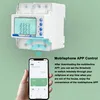 A smart electricity meter is shown above a hand holding a smartphone displaying an app, with text about mobile app control. Produktbild-Vorschau