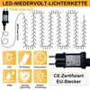 Diagram and icons illustrating features of a LED string light. Produktbild-Vorschau