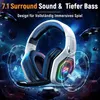 A gaming headset is shown in a futuristic, space-themed environment with glowing circular graphics and spaceships in the background. Produktbild-Vorschau