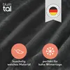 A close-up of a dark gray textured fabric, likely a blanket or bedding, with marketing icons and text overlays. Anteprima dell’immagine prodotto
