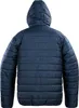 Back view of a dark blue padded jacket with a hood. Produktbild-Vorschau