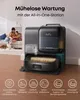 A robot vacuum cleaner with an all-in-one station, shown in a living room setting with a family in the background. Icons at the bottom illustrate the product's features. Náhled obrázku produktu