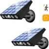 Two solar-powered outdoor lights with motion sensors are shown against a white background. Icons indicating motion detection and sunlight are present. Produktbild-Vorschau