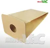 A brown paper vacuum cleaner bag with a circular opening on a light gray and white background. Produktbild-Vorschau
