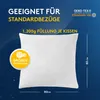 A white pillow is shown against a blue background with text overlays and logos. Produktbild-Vorschau