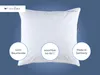 A white pillow is shown against a blue background, with three circular overlays highlighting product features. Produktbild-Vorschau