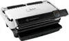 A close-up, angled view of a silver and black Tefal OptiGrill Elite XL contact grill against a white background. Podgląd zdjęcia produktu
