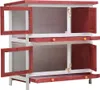 A multi-level wooden pet hutch with red accents and wire mesh doors. Náhled obrázku produktu