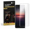 A product shot of a phone screen protector box and the screen protector itself next to a smartphone. Produktbild-Vorschau