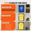 The image shows three different methods for displaying jerseys in a shadow box: using a wooden hanger, a metal hanger, or secure pins. Each method is illustrated with a visual example of a jersey displayed in a shadow box. Produktbild-Vorschau