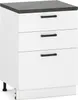 A white kitchen cabinet with a gray countertop and three drawers with black handles, shown against a white background. Voir les images du produit
