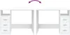 Two white desks are shown side-by-side against a white background, with a purple arrow indicating they can be joined. Produktbild-Vorschau