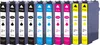 A row of ten printer ink cartridges, each labeled with its color and model number. Produktbild-Vorschau