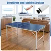 A blue ping pong table is shown in a room with wooden floors and a brown sofa in the background. Inset images highlight the table's structure and features. Náhľad obrázku produktu