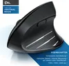 A black vertical mouse is shown from a diagonal angle, with marketing text and a brand logo. Produktbild-Vorschau