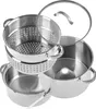 A stainless steel steamer pot with a glass lid and multiple inserts, arranged in a stacked configuration against a white background. Produktbild-Vorschau