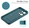 A teal phone case is shown from the inside, with close-up insets highlighting its microfiber lining and 3-layer construction. Podgląd zdjęcia produktu