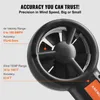 Close-up of an anemometer with text overlays describing its features and accuracy. Voir les images du produit
