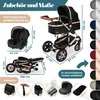 A diagram showing the dimensions and accessories of a baby stroller. Produktbild-Vorschau