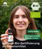 A woman is holding a small bottle of essential oil in front of a blurred green background, with marketing text and logos overlaid. Produktbild-Vorschau