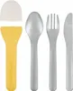 A set of travel cutlery including a spoon, fork, and knife, along with a yellow holder and a white cap. Anteprima dell’immagine prodotto