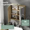 A bathroom cabinet with its doors open, displaying its interior shelves and products. The background is a striped wall. Produktbild-Vorschau
