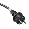 A close-up view of a black electrical plug with silver prongs, attached to a black cable. Produktbild-Vorschau