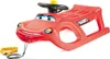 A red plastic children's sled shaped like a cartoon car, with a steering wheel and a tow rope with a handle. Produktbild-Vorschau