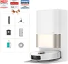 A collage of product accessories and awards next to a white and gold robot vacuum cleaner docked in its charging station. Produktbild-Vorschau