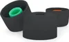 Three black silicone earbud tips are arranged on a white background. One tip is shown from the side, revealing a green inner ring. Another tip is shown from the front, and the third is shown from the side with an orange inner ring. Produktbild-Vorschau