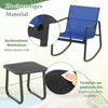 A blue rocking chair and a black side table are shown, with close-up insets highlighting material details and cleaning. Anteprima dell’immagine prodotto