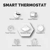 A graphic illustrating the features of a smart thermostat. Produktbild-Vorschau