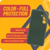 A dark green phone case is shown against a yellow and orange background with text describing its features. Produktbild-Vorschau