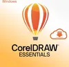 Marketing image for CorelDRAW Essentials software, featuring a hot air balloon graphic and a cloud download icon. Produktbild-Vorschau