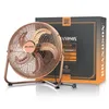 A copper-colored floor fan with its packaging box in the background, isolated on a white background. Produktbild-Vorschau