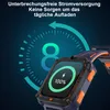 A smartwatch is shown with a charging indicator on its screen, set against a dark, grid-like background with a large number '8' and a circular arrow graphic. Produktbild-Vorschau