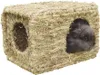 A small, fluffy gray rabbit peeks out of a rectangular hideaway made of dried grass. Produktbild-Vorschau