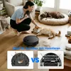 A woman is petting her dog on the floor, with a robot vacuum cleaner nearby. Two inset images show the underside of the robot vacuum. Produktbild-Vorschau