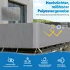 A balcony privacy screen is shown in a setting with rain and sun icons, indicating its weather resistance and UV protection. Produktbild-Vorschau