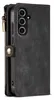 Close-up view of a black leather wallet case for a smartphone, showing the camera module and zipper detail. Produktbild-Vorschau
