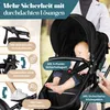 A person pushing a baby stroller with a sleeping baby inside, with various safety features highlighted with text overlays. Produktbild-Vorschau