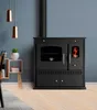 A black wood-burning stove with a glass door showing flames, set against a blue wall with pendant lights and a small shelf with a plant and books. Anteprima dell’immagine prodotto