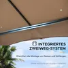 Close-up of a tan fabric canopy with metal support poles, with text overlays and a blurred background of palm trees and sky. Náhled obrázku produktu