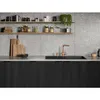 A modern kitchen scene with a sink, faucet, cabinets, and shelves. Podgląd zdjęcia produktu