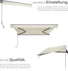 Multiple views of a cream-colored awning with black metal framing, presented against a white background with descriptive text. Náhled obrázku produktu