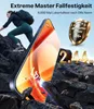 A person is climbing a rocky mountain with a smartphone in the foreground, surrounded by rocks. Produktbild-Vorschau