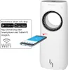 A white air cooler product with a smartphone showing its app interface is displayed. Produktbild-Vorschau