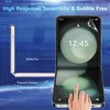 A flip phone with a screen protector being applied, with text highlighting features. Produktbild-Vorschau